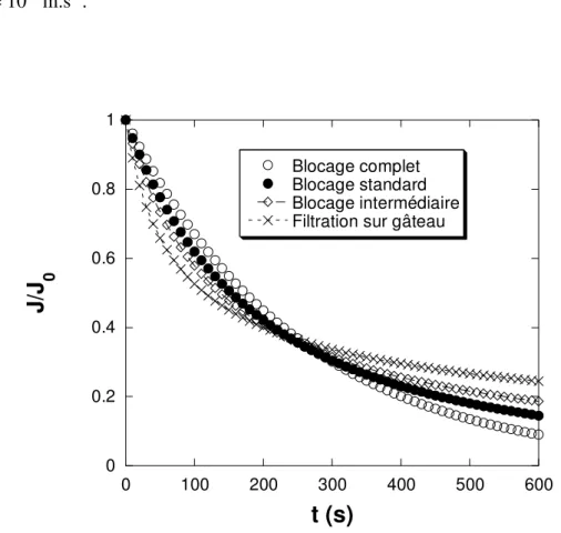 Figure I-17 : Simulation des lois de blocage et de filtration sur gâteau : J/J 0  = f(t) 