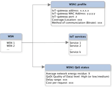 Figure 3.4 Logical Format of Global WSN Profile Database. (It shows the particular WSN1 profile and its association with IoT services)