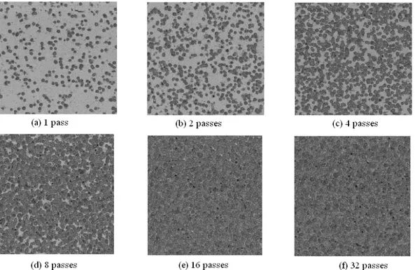 Figure 5.5 2D grayscale topography of peened surfaces after 1, 2, 4, 8, 16 and 32 peening passes  for shot velocity of 34.6 m/s