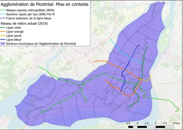 Figure 3.2 - Agglomération de Montréal (en indigo) et réseaux structurants de transport collectif