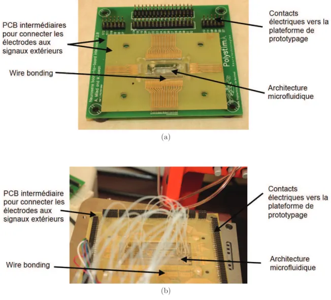 Figure 3.6 Assemblage de la partie microfluidique pour la plateforme de prototypage en utilisant (a) le « wire bonding » et (b) l’adh´esif conducteur anisotropique