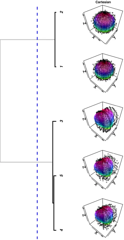 Figure 2.7 Left panel, dendrogram of posterior probability associated with each simulated 3D objects using spherical harmonics with L max = 2 