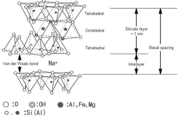 Figure 2-21. Schematic illustration of atoms arrangement in a typical MMT layer(Sinha Ray &amp;  Okamoto, 2003) 