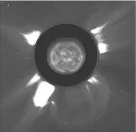 Figure 3. LASCO C2 coronagraph image at January 20, 00:54 UT, showing the halo CME. Note its interaction with the streamer (bottom left)