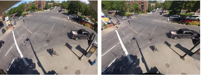 Figure 3.3: An example of image with a fish-eyes effect and the resultant calibrated image   Feature Tracking  