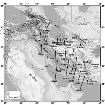 Figure 1. GPS horizontal velocities and their 95 per cent confidence ellipses