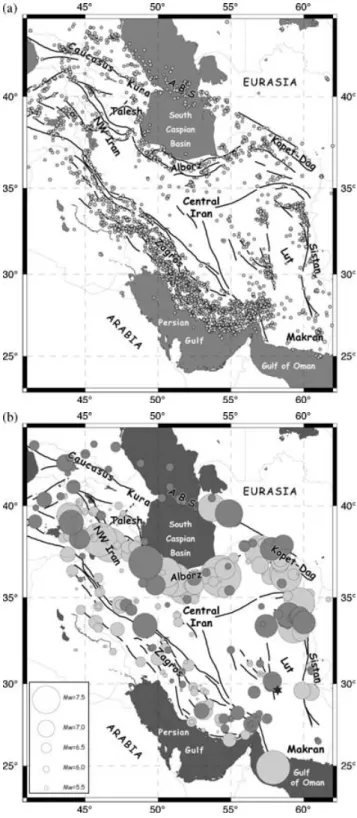 Figure 2. (a) Earthquake distribution in Iran from the instrumental seis-