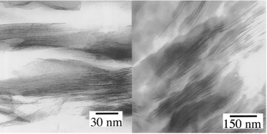 Figure  2.10. TEM images of styrene based nanocomposites.  Intercalated microstructure of  octadecylammonium-exchanged  fluorohectorite/PS nanocomposites (left side)  and  exfoliated  microstructure of bis(2-hydroxyethyl)  methyltallow-exchanged montmorill