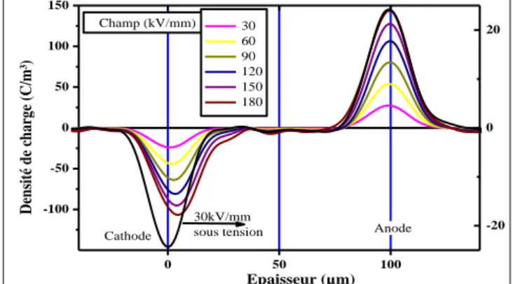 Figure 12. Champ électrique résiduel après 1h de  dépolarisation et profil sous 30kV/mm en début de cycle