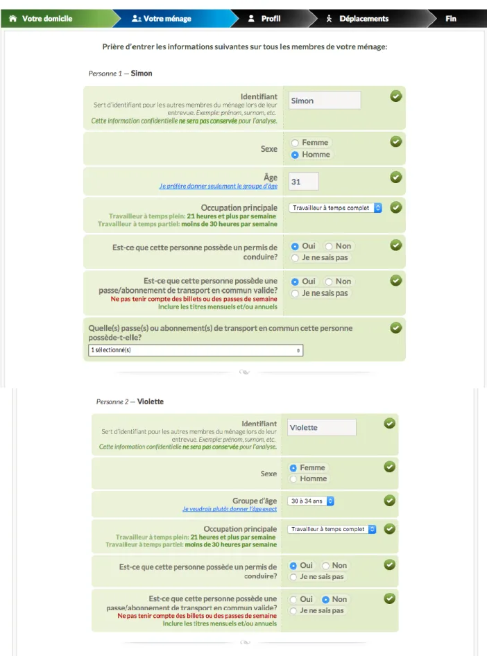 Figure 3-5 : Section du questionnaire associée au profil de tous les membres du ménage 