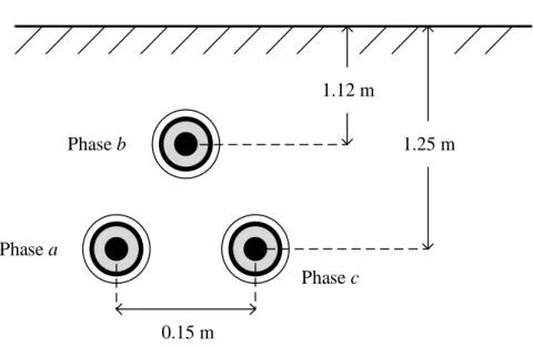 Figure 4.15. Geometry of the studied 225-kV cross-bonded cable system. WB+WBline2 WB+ WBline3WB+WBline1