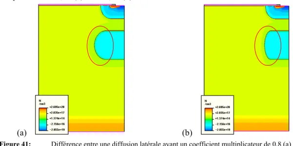 Figure 41:   Différence entre une diffusion latérale ayant un coefficient multiplicateur de 0,8 (a) et de 0,44 (b).