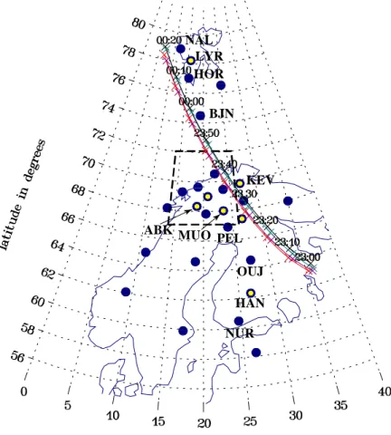 Fig. 1. The MIRACLE network in Scandinavia and Svalbard, and the  mag-netic footprints of the Cluster II  satel-lites during from 6 February 2001, 23:00–00:20 UT