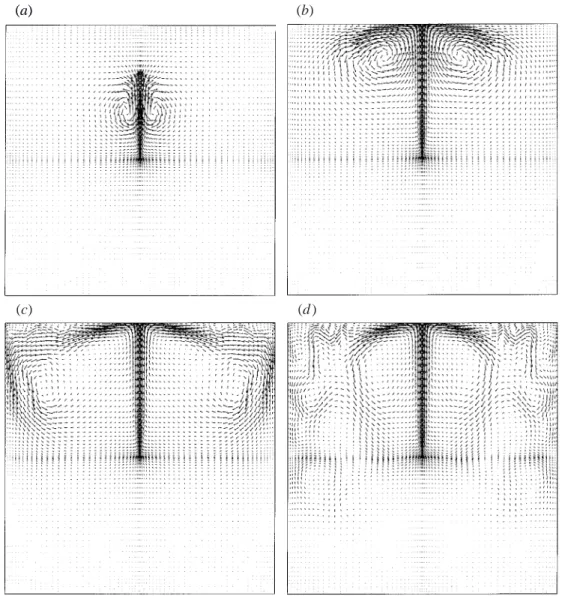 Figure 2. Velocity field at (a) t 0 = 0.48 s, (b) 1.19 s, (c) 2.38 s and (d) 4.76 s.