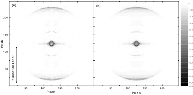 Fig. I.22  (a) Image de photoélectrons de NO à 400 nm, (b) Simulation de l'image par la procédure itérative décrite dans le texte.
