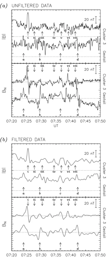 Fig. 6. (a) A comparison of |B| and B N measurements from Cluster