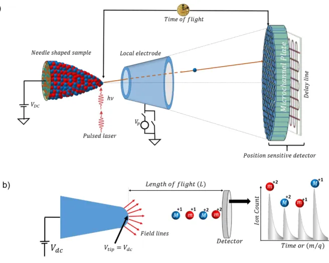 Figure  3.1:  (a) Schematic illustration of  an APT setup  showing  the needle shaped tip, the local  electrode, the position sensitive detector (MCP and the delay line) and a pulsed laser being applied  to the tip