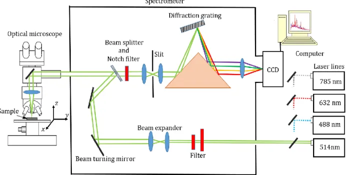 Figure 3.3: Schematic illustration, showing the different components of a Raman spectrometer