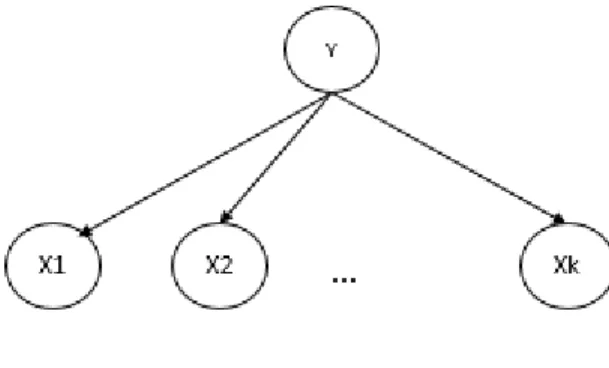 Figure 3-3: Réseau Bayésien naïf  La distribution conjointe décomposée associée est la suivante :  