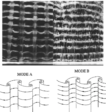 Figure 1-5: Flow visualization and sketch of symmetries of modes A and B (Leweke and  Williamson, 1998; Williamson, 1996)
