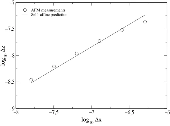 FIG. 3: Roughness analysis computed from AFM measurements (circles) compared with predictions obtained via a fit of the angular scattered intensity distribution assuming self-affine correlations