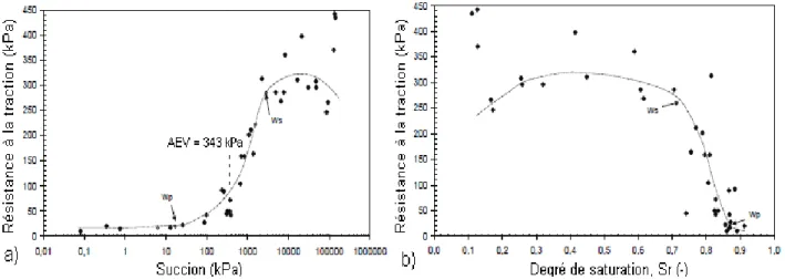 Figure  2–23 :  Valeurs  expérimentales  de  la  résistance  à  la  traction  pour  une  argile  dense  en  fonction de  a) la succion; b) du degré de saturation (modifié de Zeh et Witt, 2005)