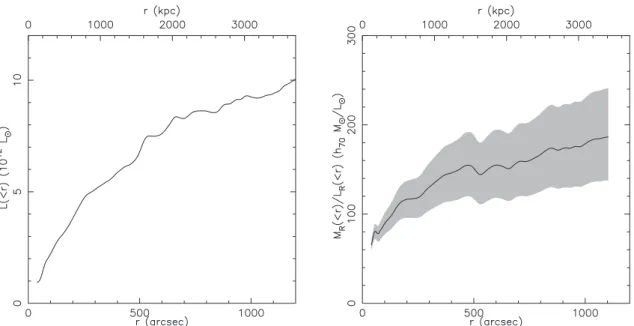 Fig. 13. Left: luminosity profile for the bright galaxy catalogue, for R-band image of Abell 1689, corrected for background contamination