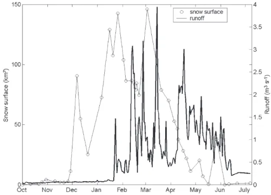 Figure 11. Runoff measures in m 3 s 21 at the Rehraya watershed’s outlet and snow surface