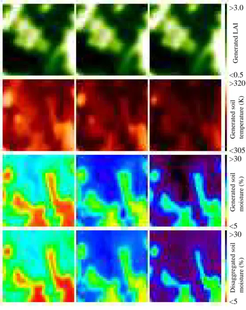 Fig. 5. Images of the main surface variables. Line 1: generated LAI (m 2 /m 2 ); line 2: generated soil temperature (K); line 3: generated soil moisture (%); line 4: soil moisture disaggregated by the method (%)