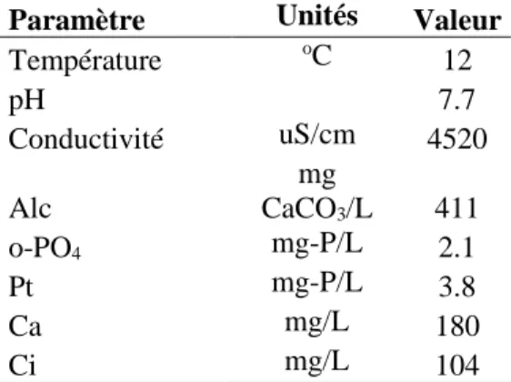 Tableau 3-2 - Les caractéristiques moyennes, sur la période de l’expérience, pour de l'eau alimentée  aux filtres à scories 