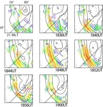 Fig. 7. SuperDARN map potential plots at two-minute intervals