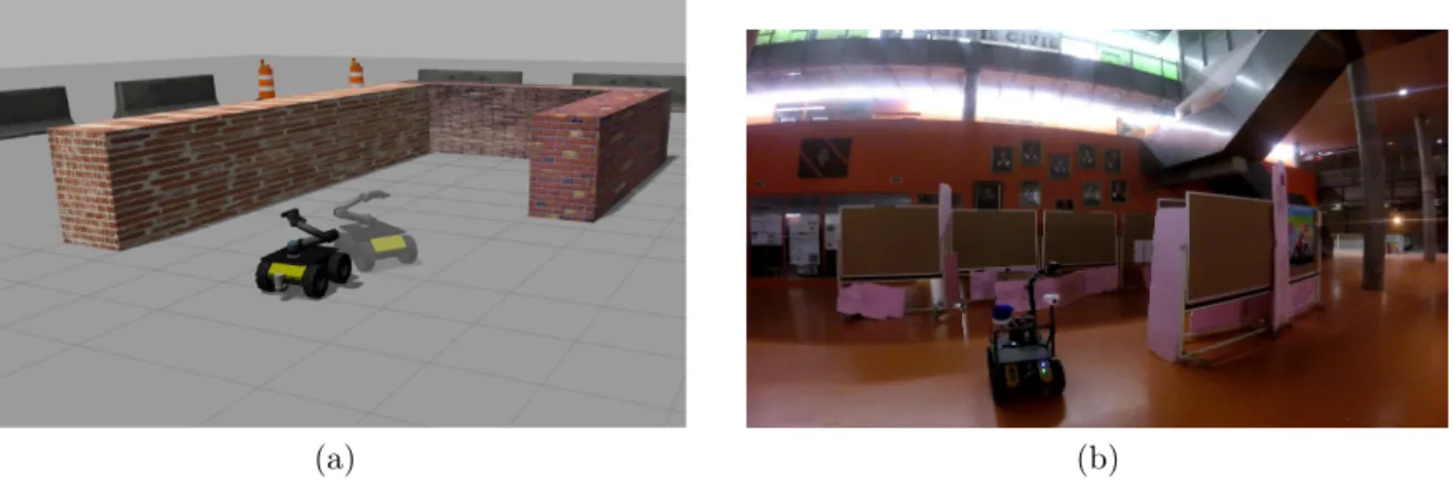 Figure 3.6 Exemple de détection d’obstacle et de saut de cavité. a) Le robot (transparent) tente de tourner autour du coin, mais détecte un mur vers l’avant