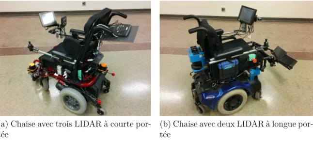 Figure 1.2 Nos deux prototypes de la chaise roulante. Celle à droite est équipée des LIDAR à longue portée avec le GPS pour les application dans les environnements extérieurs
