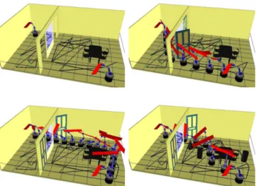 Fig. 1. Example of a 3D scene with moving obstacles: start and goal configurations of the 9dof mobile manipulator carrying a board and three path solutions obtained for several settings of the environment (doors closed/open and three other moving obstacles placed around the table)