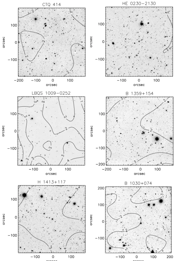 Fig. 6. Mass reconstruction superimposed on the FORS1 images. The contours outline regions of same signal-to-noise (dash-lines: S /N &lt; 1,