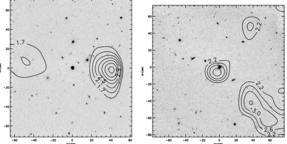 Fig. 2. ISAAC Ks-band images of HE 0230-2130 (left) and H 1413 +117 (right). The contours (from 2σ, increasing by 1σ steps) outline