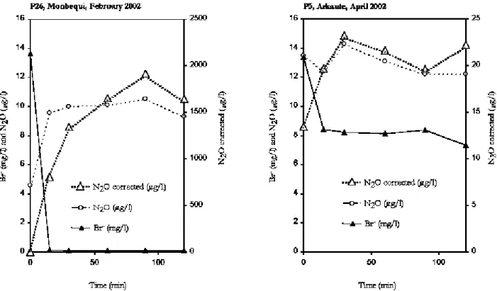 Fig. 4. Bromide, N 2 O and corrected N 2 O concentrations versus time with the dilution for two injection tests.