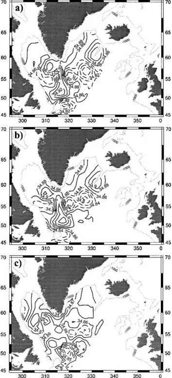 FIG. 3. Average salinity distribution on the 3.1°C iso- ␪ level for (a) the raw data, (b) the data corrected by the objective analysis method, and (c) the data corrected by the intercomparison method