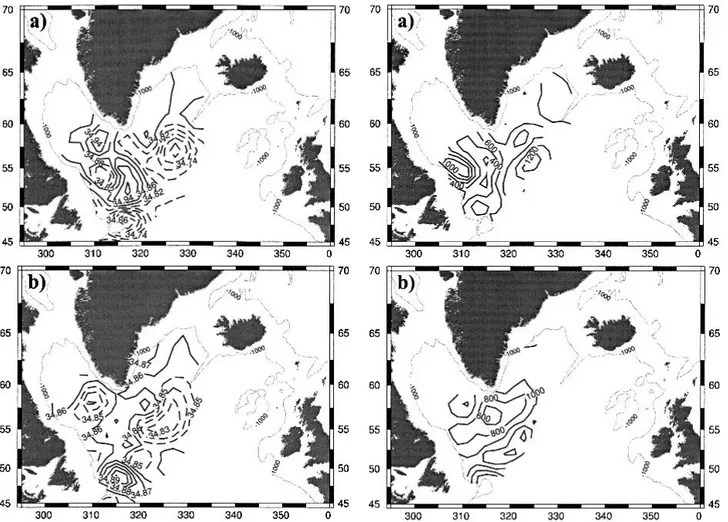 FIG. 4. Salinity distribution in Jul–Aug 1997 on the 3.1°C iso- ␪ level for (a) the raw data and (b) the data corrected by the  inter-comparison method