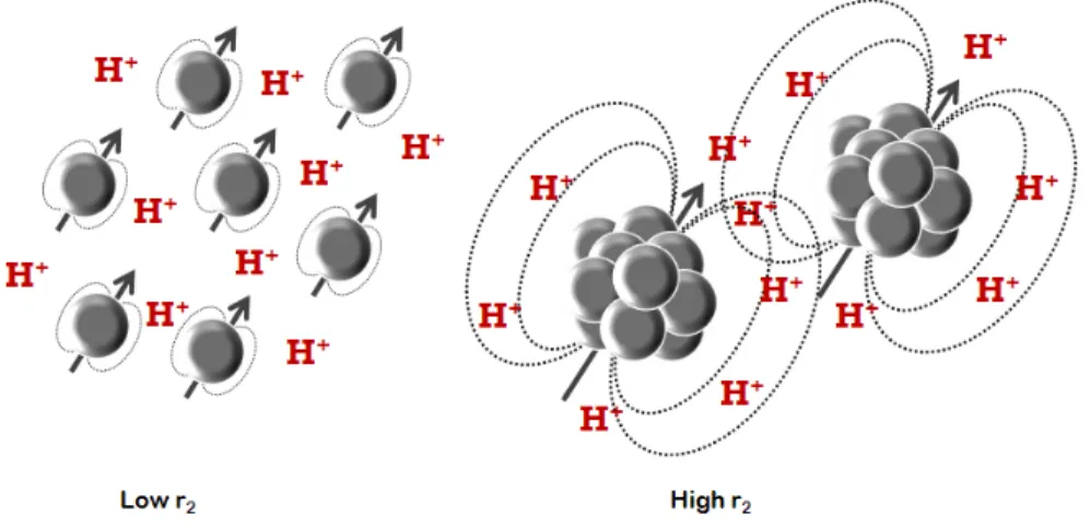 Figure 2-5: Dispersed distribution of magnetic particles compared to clusters of magnetic  particles