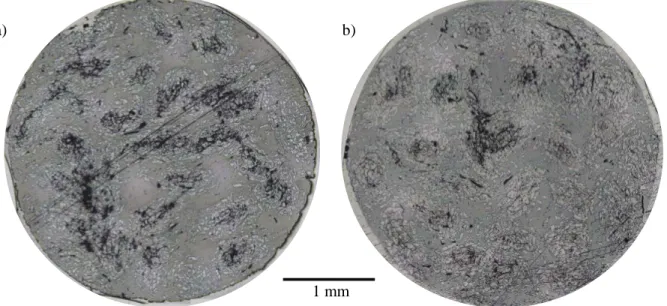 Figure 3.4 : Micrographs obtained for different die configurations. a) P400-s50-200-SingleDie,  pultruded using a conventional configuration with a single processing die; b) P400-s50-200-Atm, 