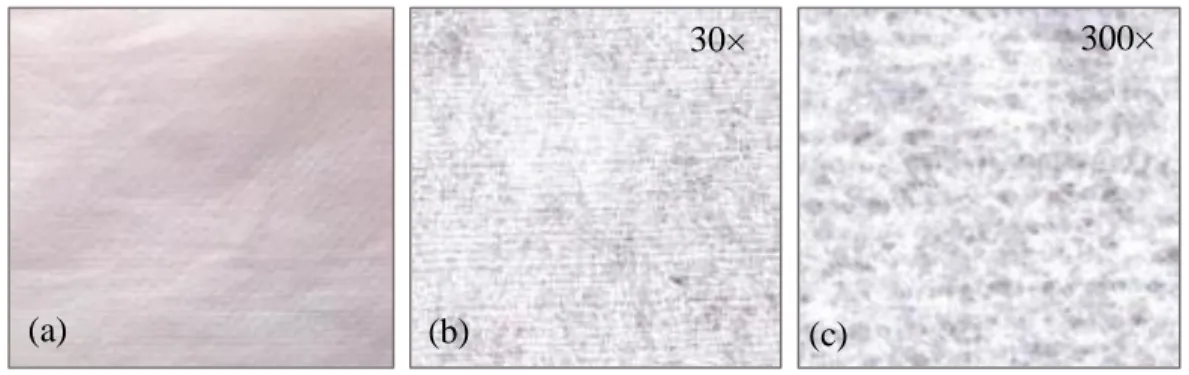 Figure 3.2: Voile de surface : (a) image macroscopique, (b) image de microscope sous  grossissement de 30×, (c) image de microscope sous grossissement de 300× 