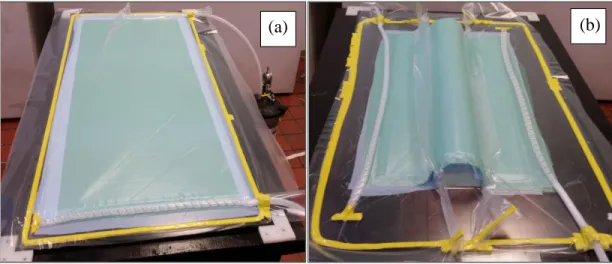 Figure 3.5: Fabrication par infusion : a) panneau stratifié; b) coque pour la structure avec  courbure  d- C-MOD c-  S-MOD  b- C-ATH a-  S-ATH (a)   (b) 