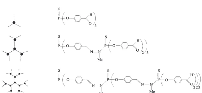 Figure 1. Scheme of phosphorus-containing dendrimer architectures (points ( b ) symbolize P d S groups) and molecular structures
