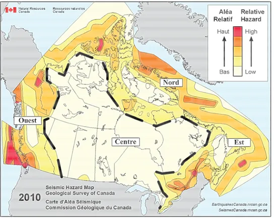 Figure 2.1 Zones et al´ ea sismique du Canada [adapt´ e de la comission g´ eologique du Canada 2010]