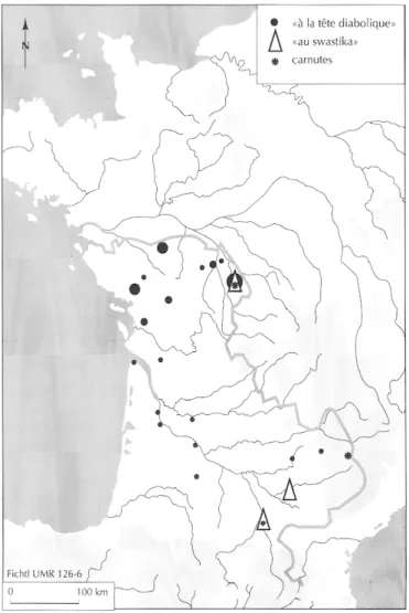 Fig. 62. Les potins originaires des pays de la Loire découverts dans  centre-ouest et le sud-ouest de la France