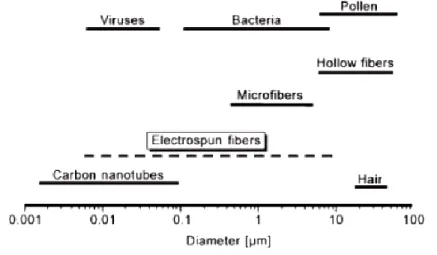 Figure 2-4: Comparison of the diameter of electrospun nanofibers with nanoscale biological and  technological objects (Greiner and Wendorff 2007) 