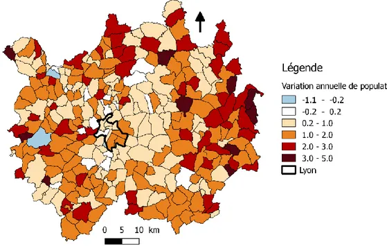 Figure 3.1 : Variations annuelles de population en pourcentage entre 1999 et 2014 sur l’aire urbaine  de Lyon (selon un découpage en communes) 