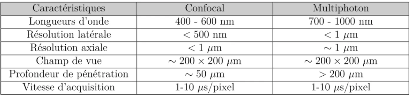 Tableau 2.2 Caractéristiques d’un microscope confocal et d’un microscope multiphoton stan- stan-dard (Xu et al., 1996; Zipfel et al., 2003; Pawley, 2006; Masters and So, 2008) - La profondeur de pénétration est donnée à titre indicatif et dépend fortement de l’échantillon.