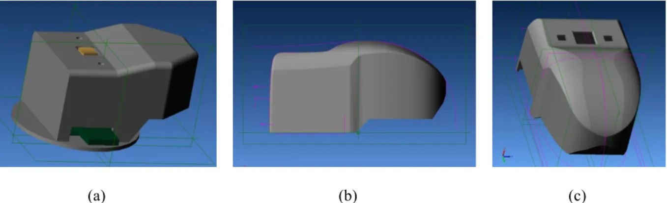 Figure 4-4 : Premier modèle 3D (a) et modèle final 3D (b et c) de la coquille du module tactile du  Tactograph 